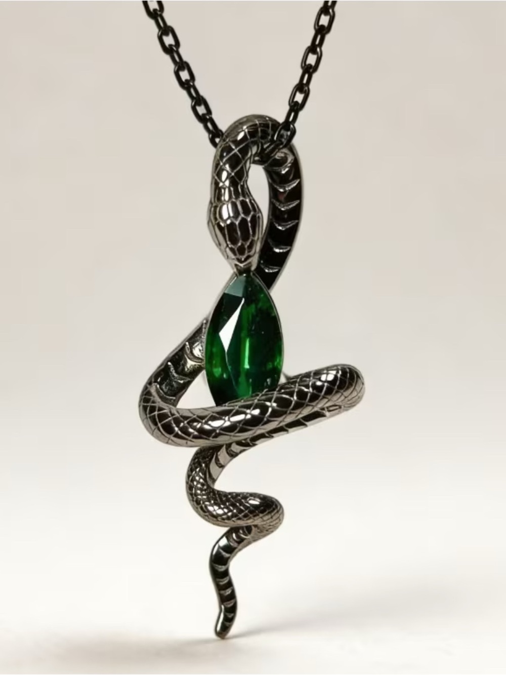 Antique Silver Black Snake Necklace with Emerald Green Accent